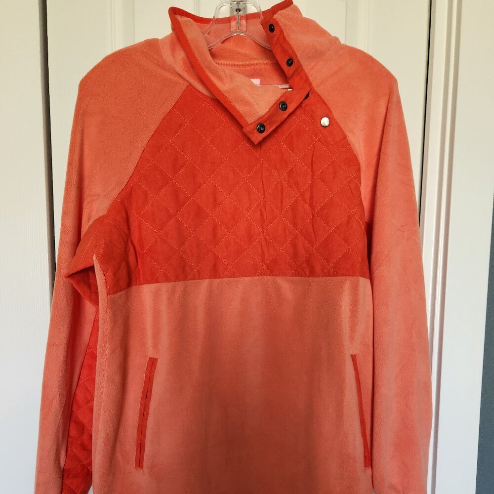 HIDING IN PLAIN SIGHT ASYMMETRICAL ORANGE AND CORAL SHERPA PULLOVER (S)